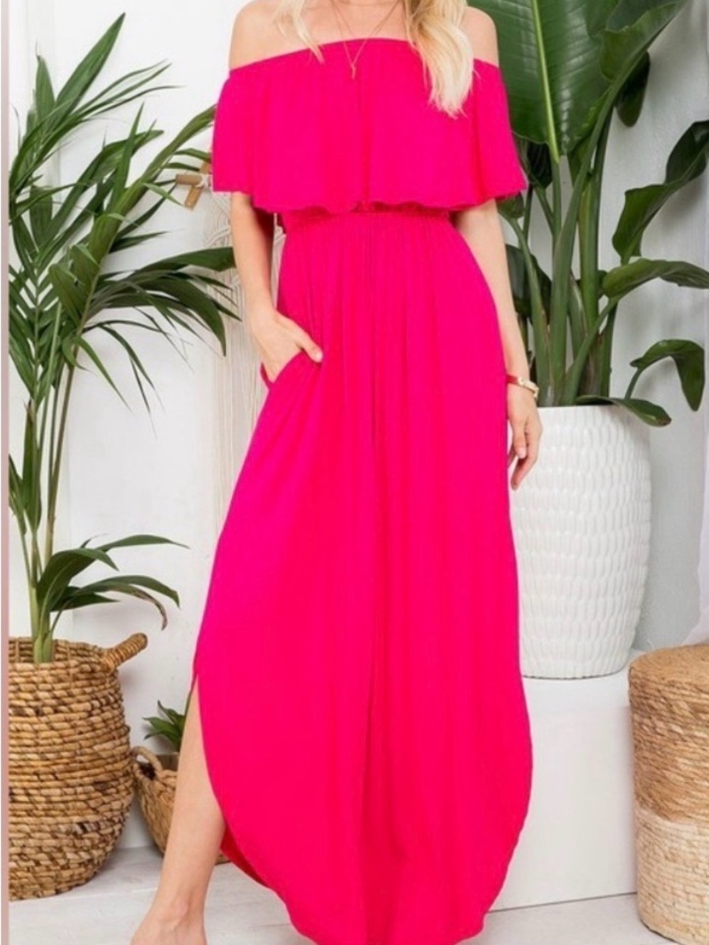 Sweet Lovely By Jen Hot Pink Off Shoulder Ruffle Bodice Maxi Dress 3X
